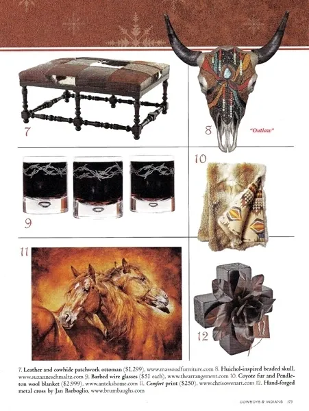 A magazine page with a cow skull and other items.