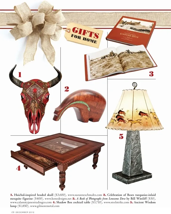 A gift guide with a cow skull and other items.