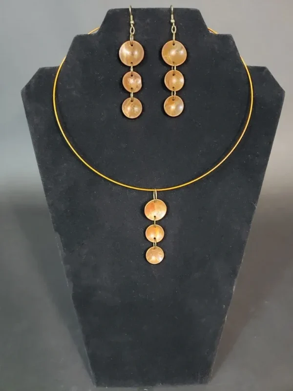 A Flame Painted Copper Necklace/Earrings Set with gold plated beads.