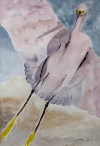 A painting of "Flyin' In", a pink bird flying in the air.