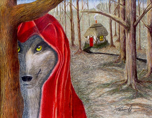 A drawing of a red hooded wolf in the woods.
