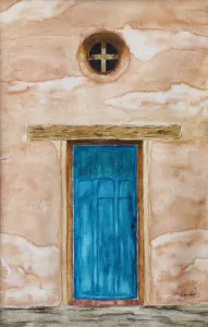 A painting of a Mission Door in an adobe building.