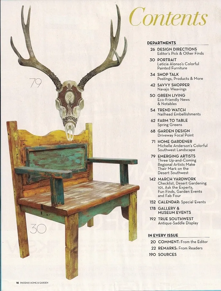 A magazine cover with a wooden bench and deer antlers.
