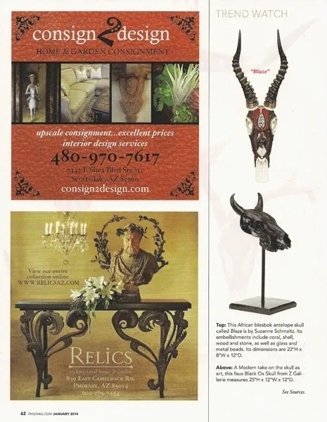 A magazine page with a picture of a zebra head and other items.