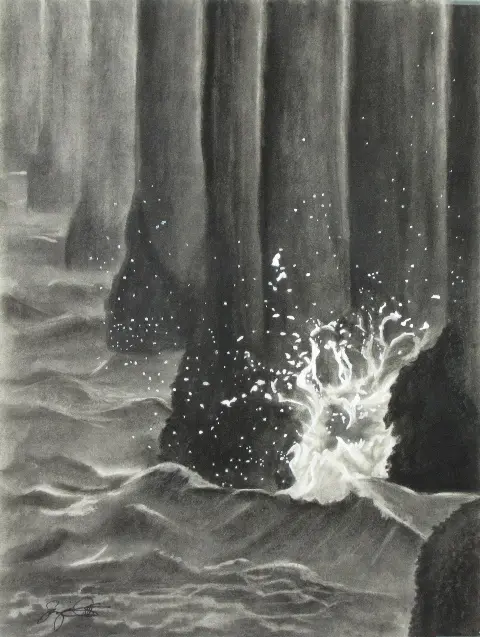 A black and white drawing of a man in the water.