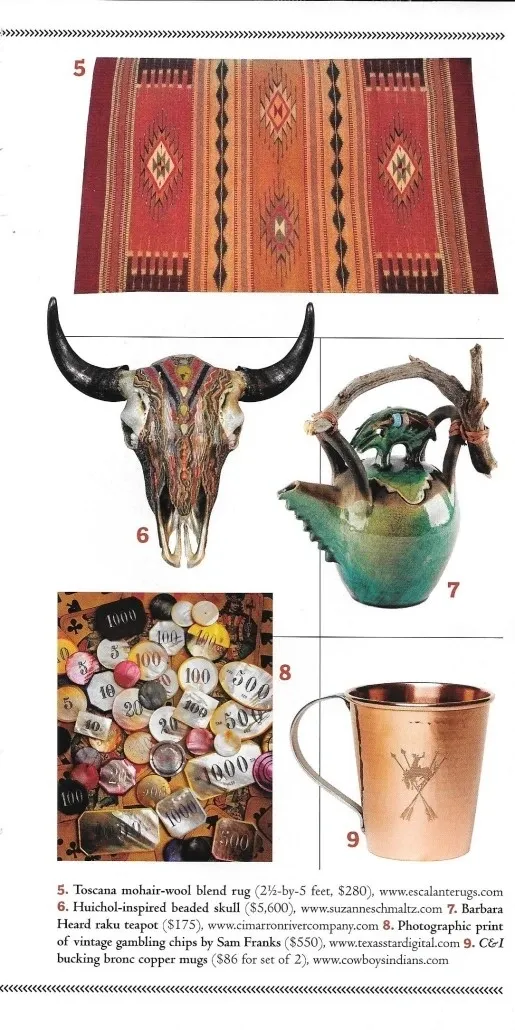 A page from a magazine showing a cow skull, a mug, and other items.