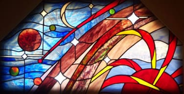 A stained glass window in a church.