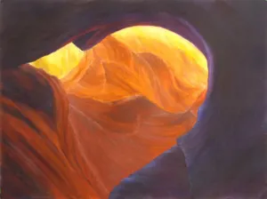 An oil painting of a heart in a canyon.