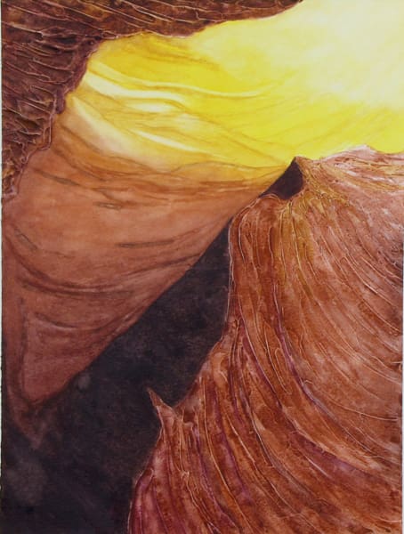 A painting of a canyon with a yellow sunset.
