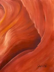 A painting of a canyon with red and orange swirls.