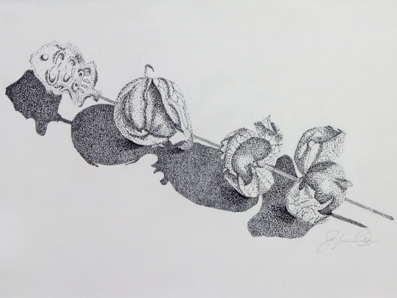 A black and white drawing of a bunch of flowers.