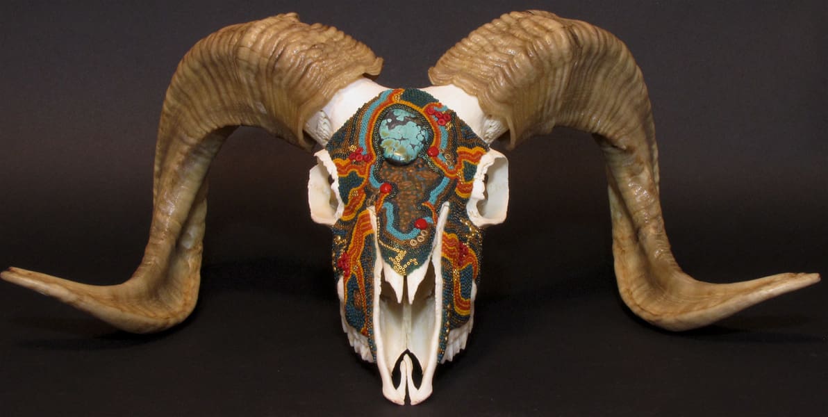 A ram skull with horns on it.