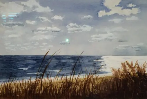 A watercolor painting of a beach with grass and clouds.