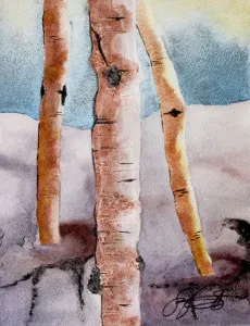 Aspen I: A watercolor painting of aspen trees in the snow.