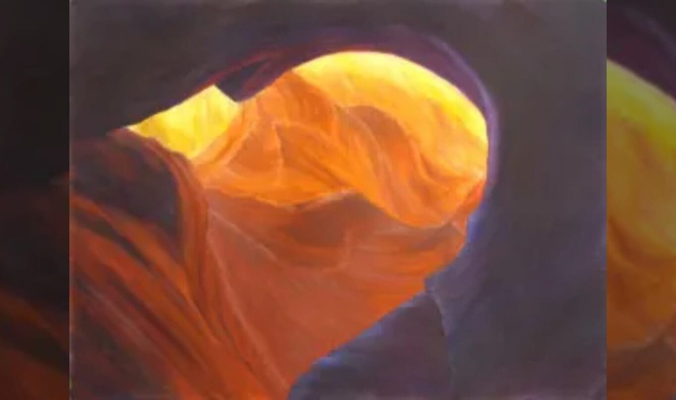 A painting of the sun shining through a cave