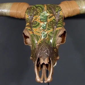 A cow skull with horns and horns on it.