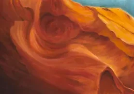 A painting of Slot Canyon X with a blue sky.