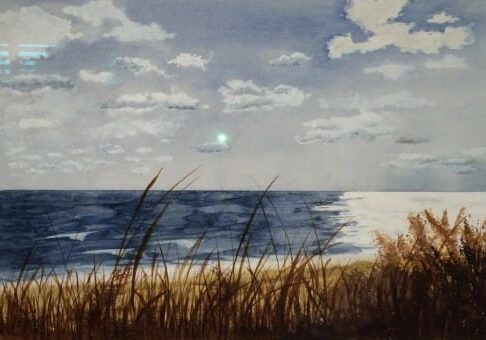 A watercolor painting of a beach with grass and clouds.